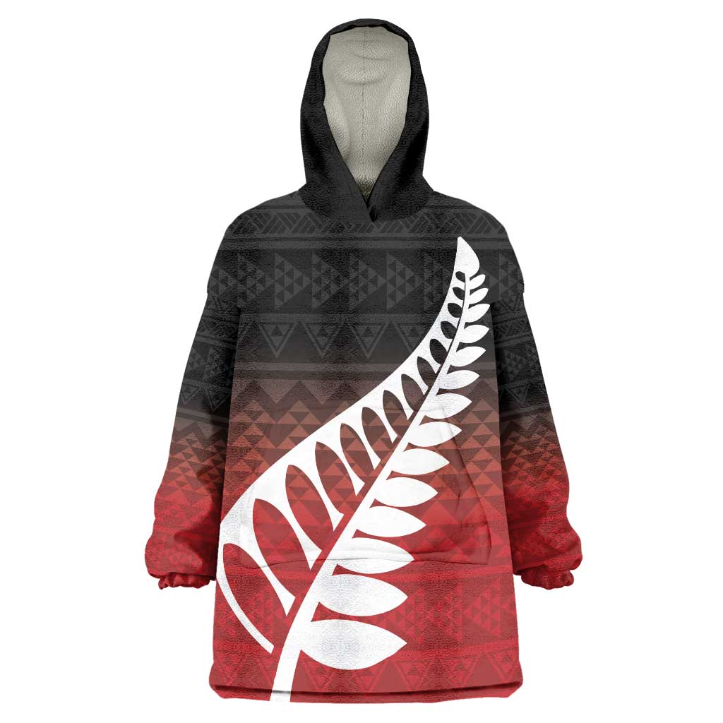 Red Silver Fern Spirit Taniko Tukutuku Personalised Wearable Blanket Hoodie