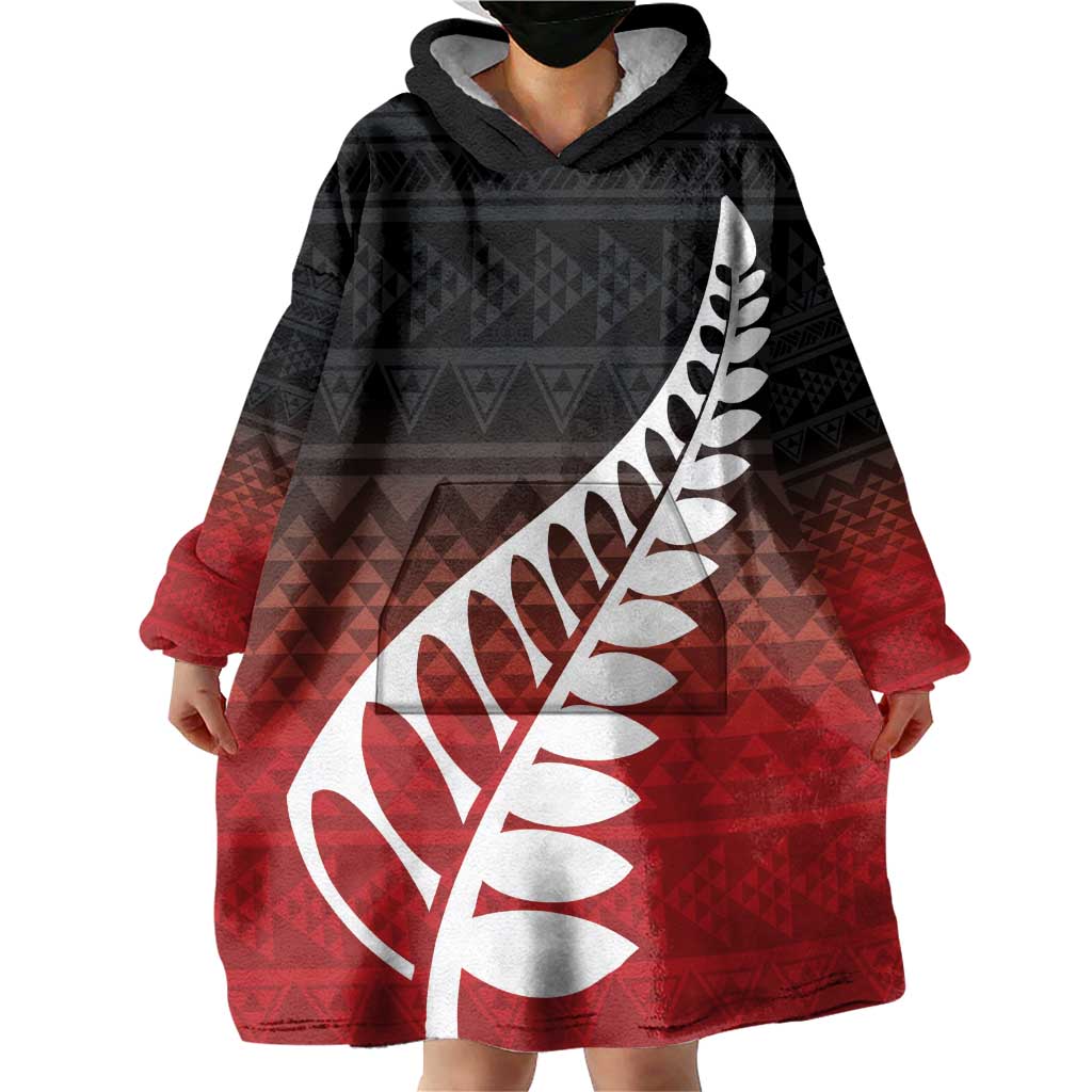 Red Silver Fern Spirit Taniko Tukutuku Personalised Wearable Blanket Hoodie