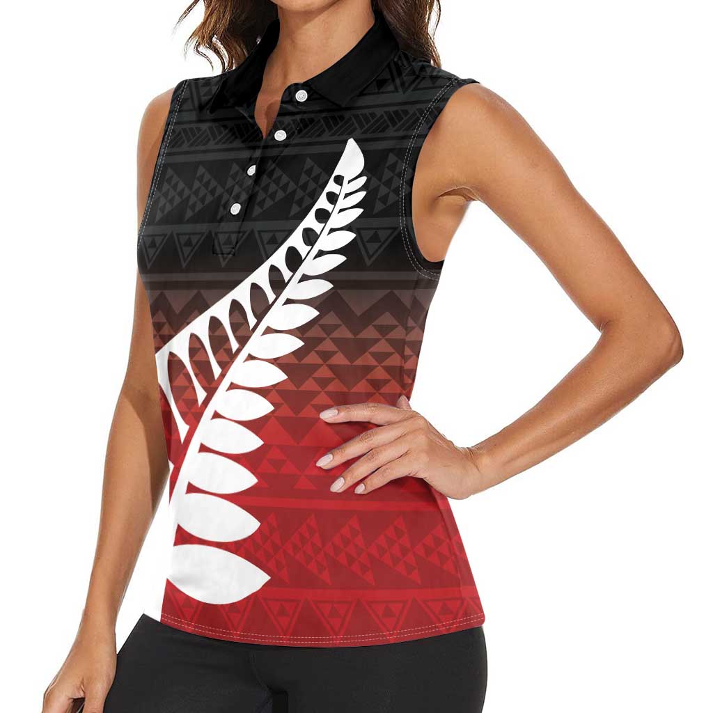 Red Silver Fern Spirit Taniko Tukutuku Personalised Women Sleeveless Polo Shirt LT9 - Polynesian Pride