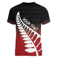 Red Silver Fern Spirit Taniko Tukutuku Personalised Women V-Neck T-Shirt LT9 - Polynesian Pride