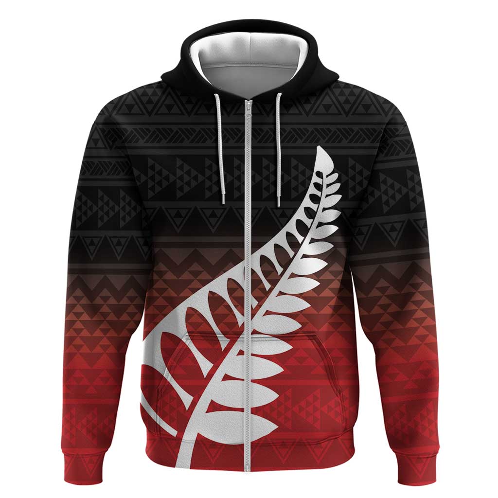 Red Silver Fern Spirit Taniko Tukutuku Personalised Zip Hoodie