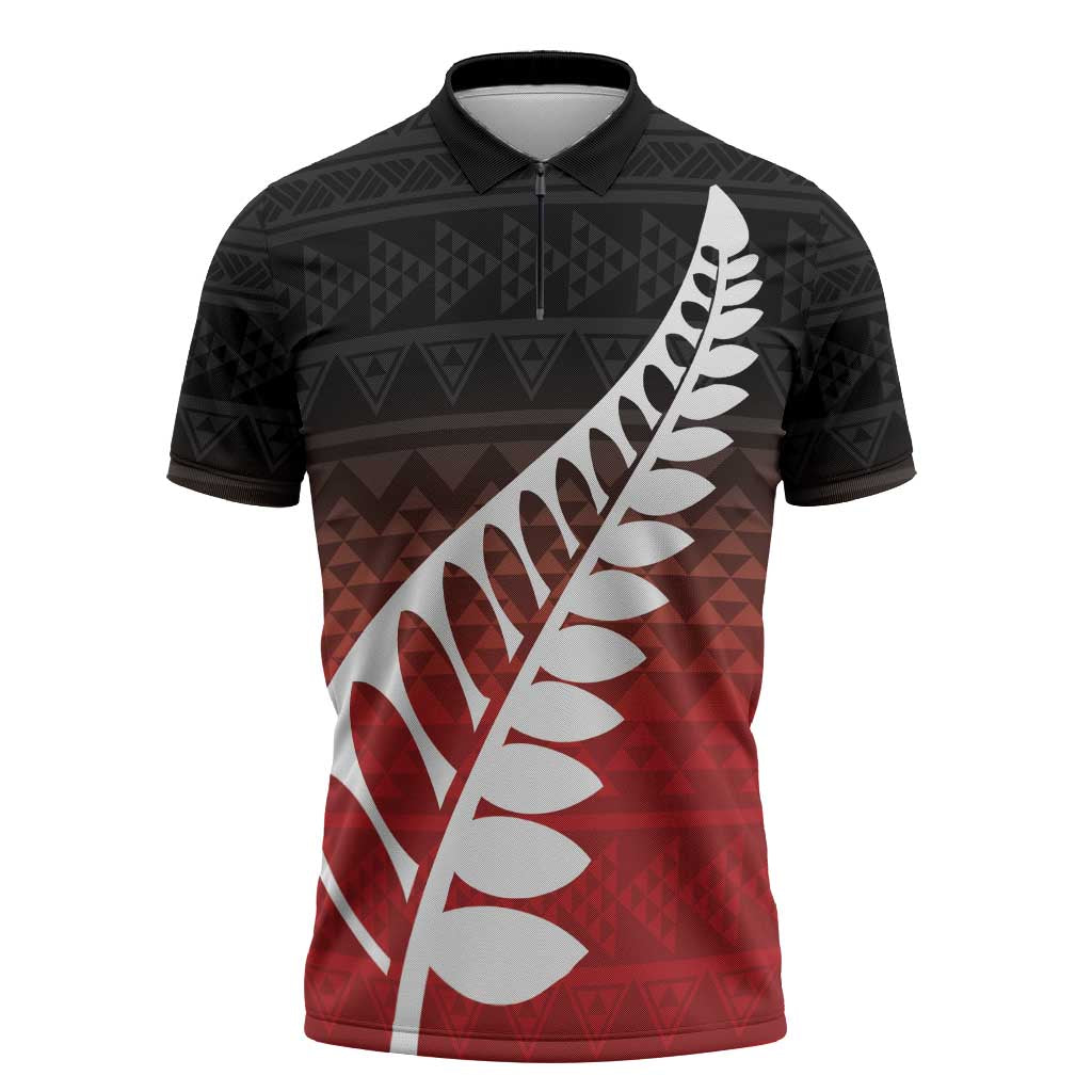 Red Silver Fern Spirit Taniko Tukutuku Personalised Zipper Polo Shirt - Polynesian Pride