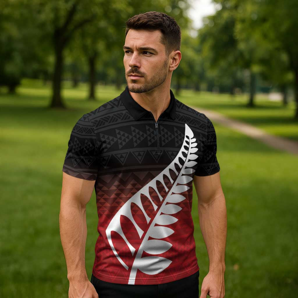 Red Silver Fern Spirit Taniko Tukutuku Personalised Zipper Polo Shirt - Polynesian Pride