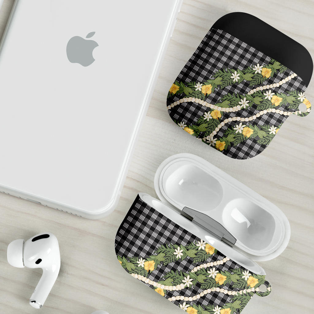 Aloha Puakenikeni Anthurium Pikake Lei AirPods Case Black Hawaiian Palaka Pattern