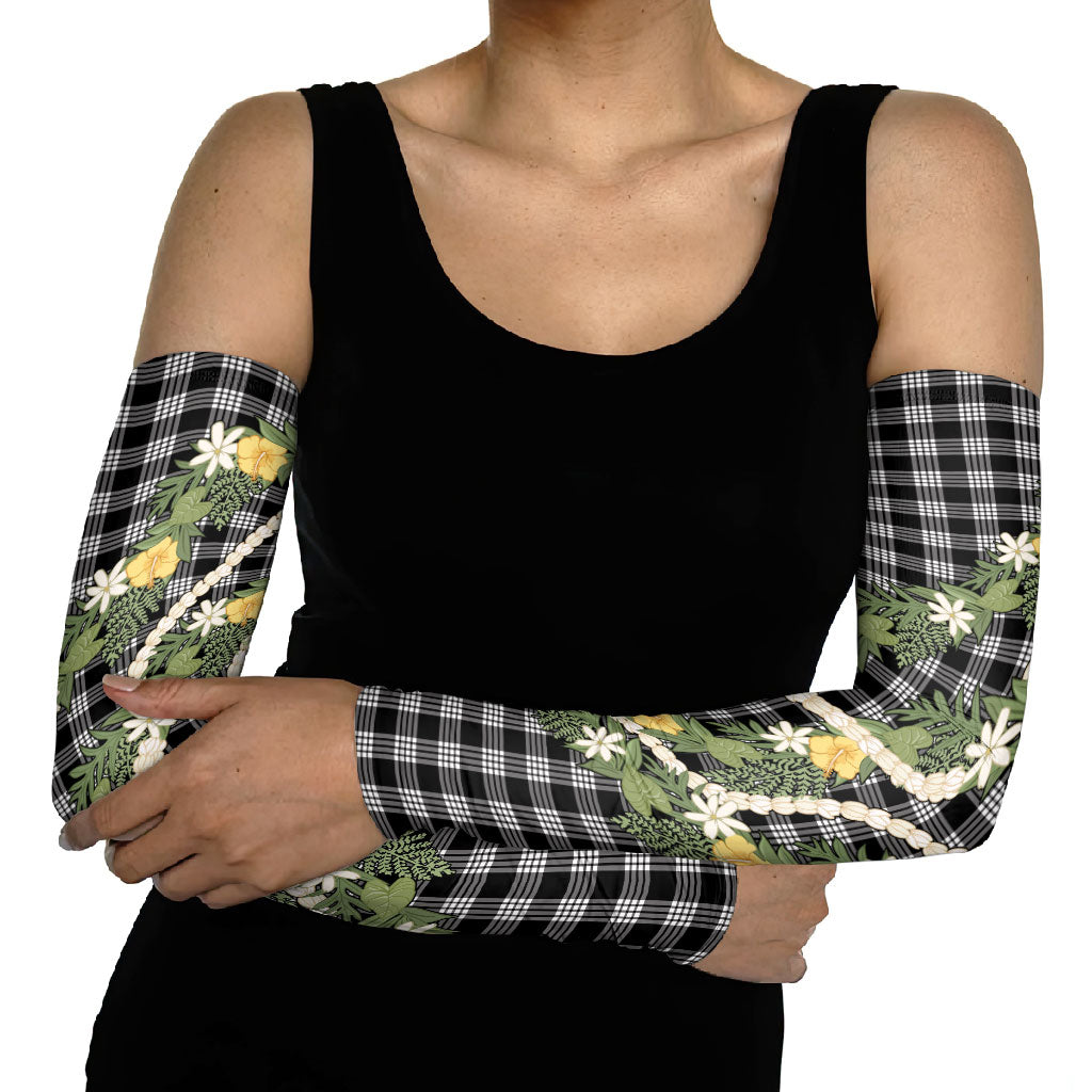 Aloha Puakenikeni Anthurium Pikake Lei Arm Sleeves Black Hawaiian Palaka Pattern