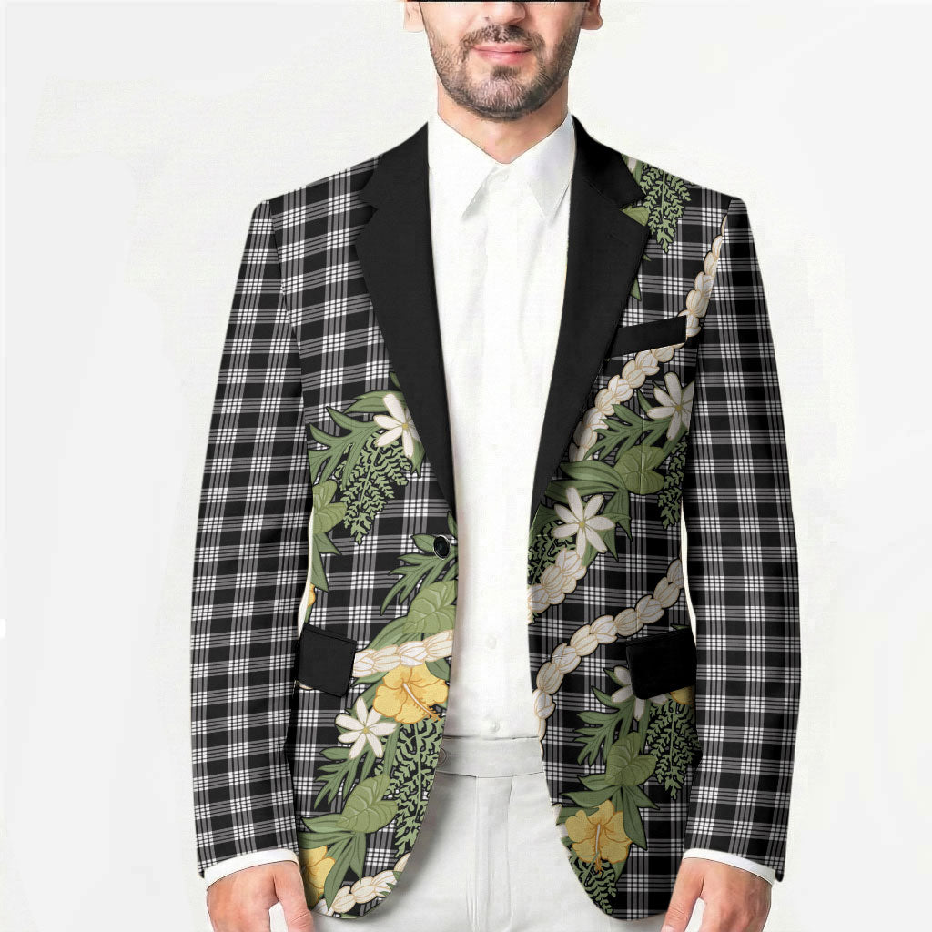 Aloha Puakenikeni Anthurium Pikake Lei Blazer Black Hawaiian Palaka Pattern
