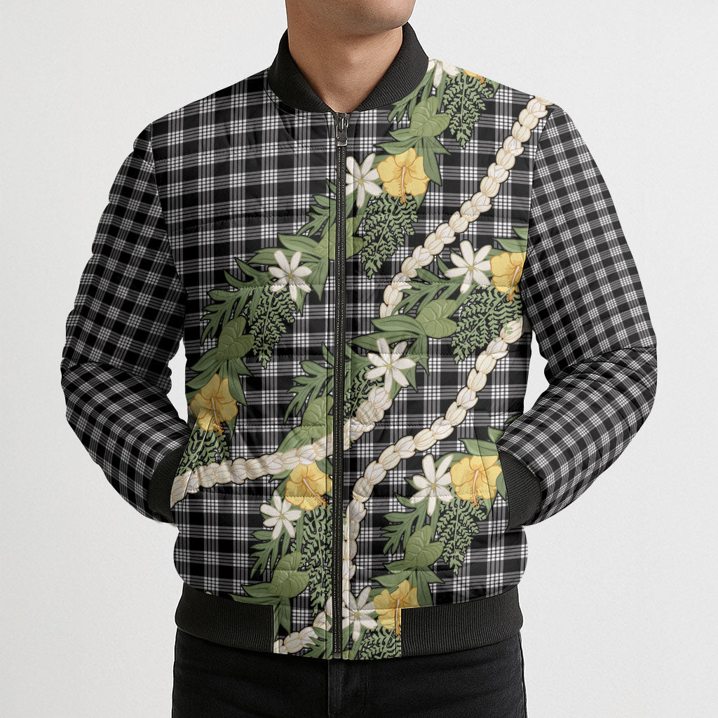 Aloha Puakenikeni Anthurium Pikake Lei Bomber Puffer Jacket Black Hawaiian Palaka Pattern
