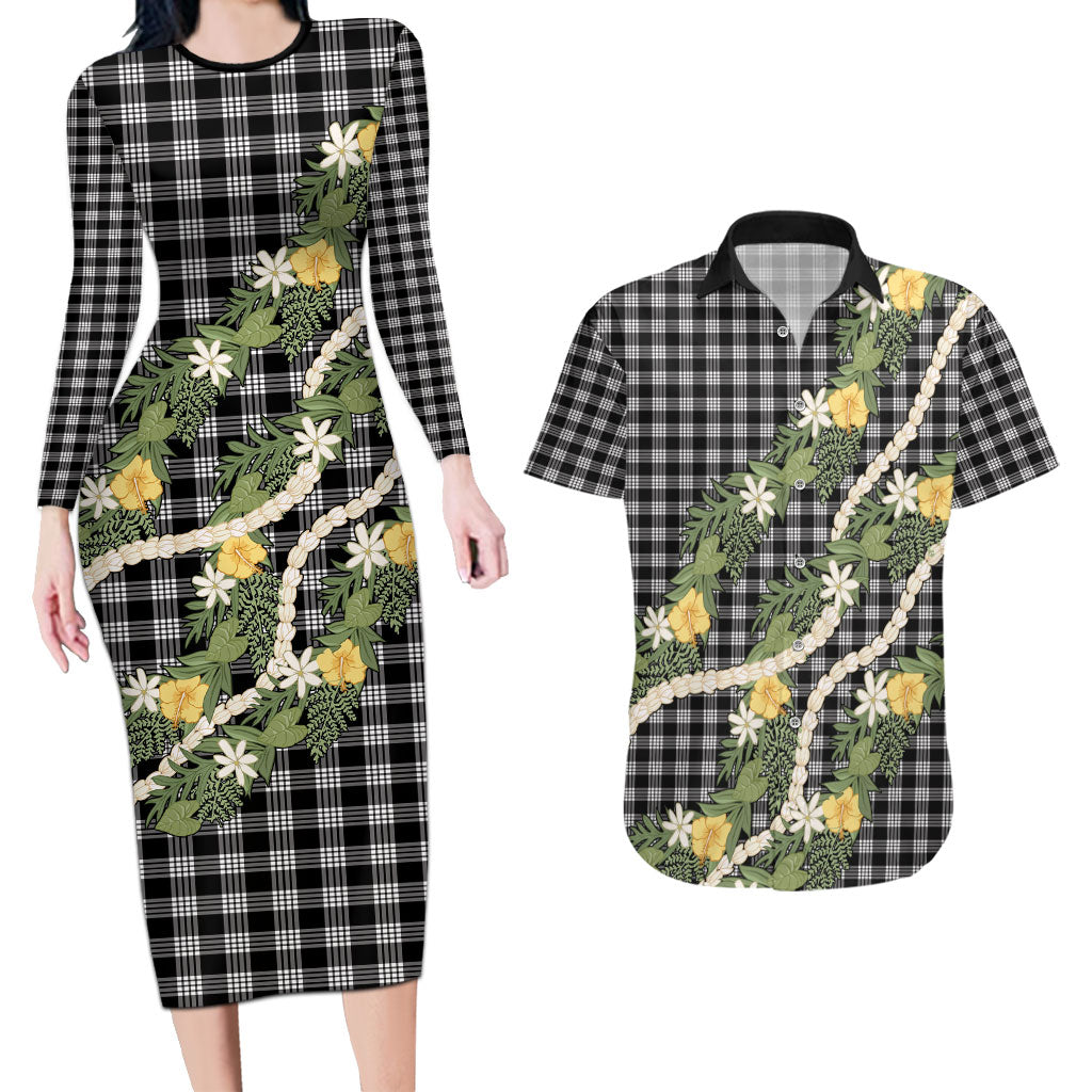 Aloha Puakenikeni Anthurium Pikake Lei Couples Matching Long Sleeve Bodycon Dress and Hawaiian Shirt Black Hawaiian Palaka Pattern LT9 Black - Polynesian Pride