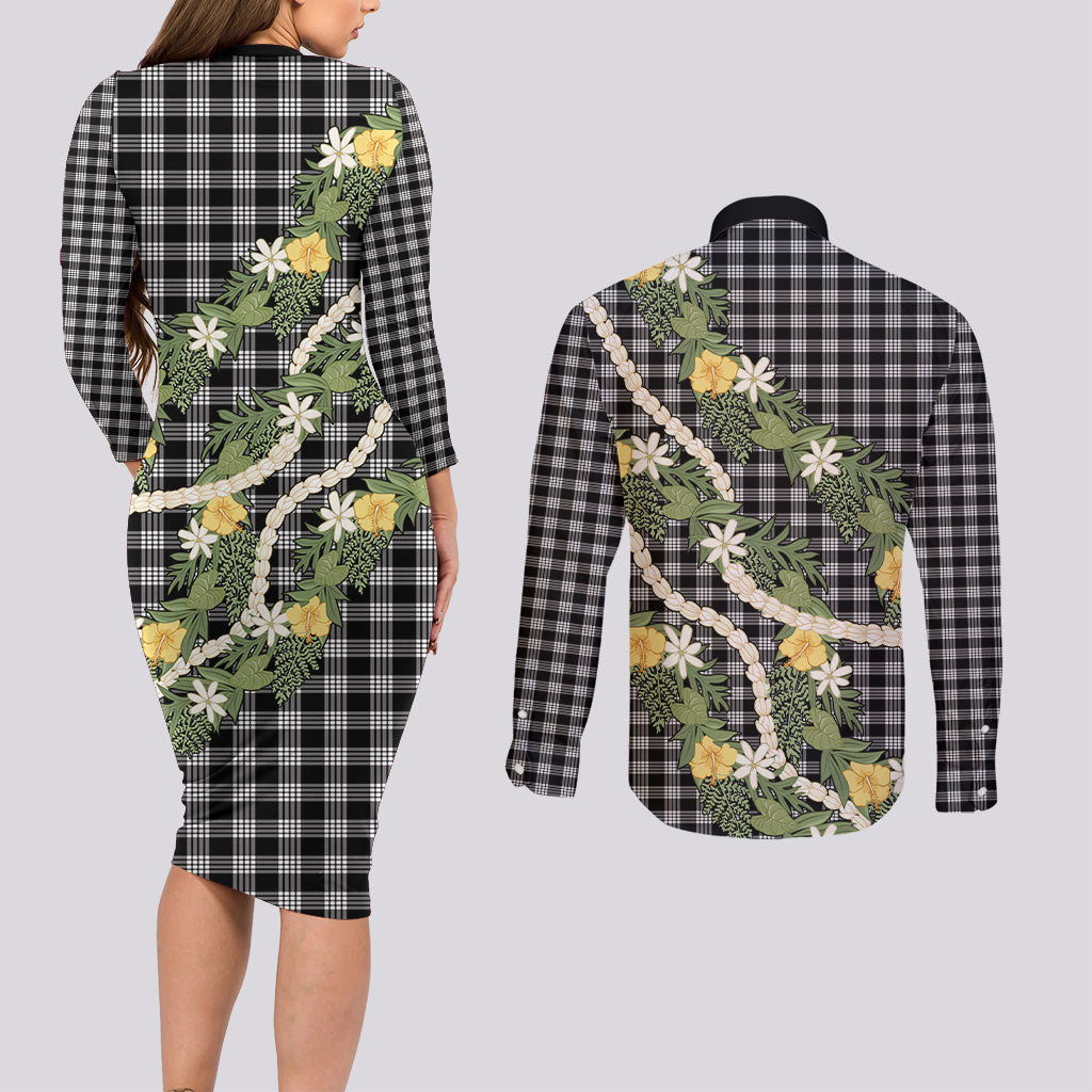 Aloha Puakenikeni Anthurium Pikake Lei Couples Matching Long Sleeve Bodycon Dress and Long Sleeve Button Shirt Black Hawaiian Palaka Pattern LT9 - Polynesian Pride