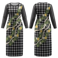 Aloha Puakenikeni Anthurium Pikake Lei Couples Matching Long Sleeve Bodycon Dress and Long Sleeve Button Shirt Black Hawaiian Palaka Pattern LT9 - Polynesian Pride