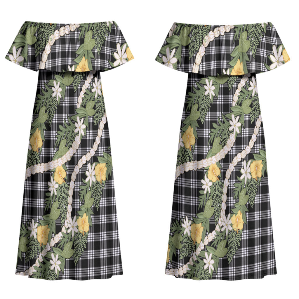 Aloha Puakenikeni Anthurium Pikake Lei Couples Matching Off Shoulder Maxi Dress and Hawaiian Shirt Black Hawaiian Palaka Pattern LT9 - Polynesian Pride