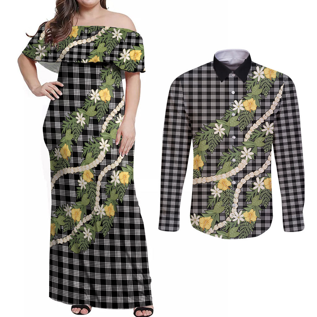 Aloha Puakenikeni Anthurium Pikake Lei Couples Matching Off Shoulder Maxi Dress and Long Sleeve Button Shirt Black Hawaiian Palaka Pattern LT9 Black - Polynesian Pride