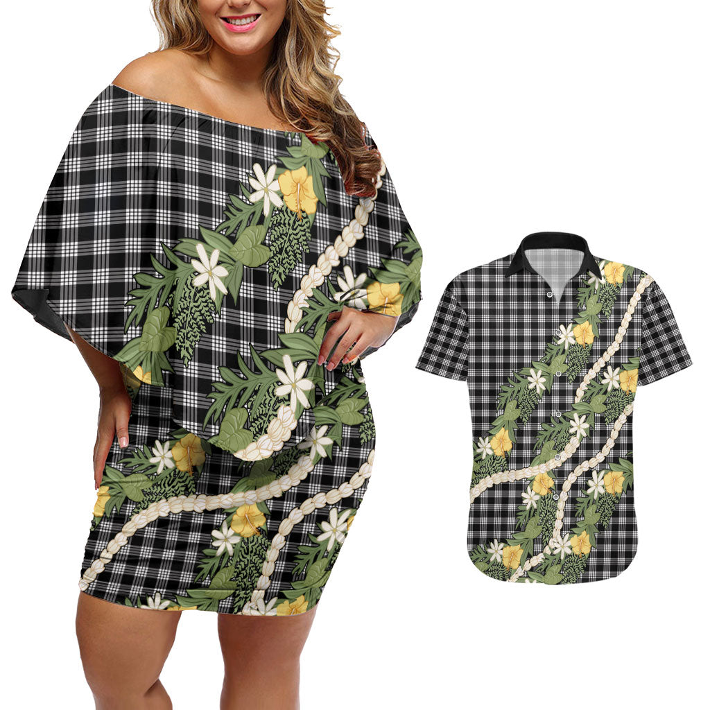 Aloha Puakenikeni Anthurium Pikake Lei Couples Matching Off Shoulder Short Dress and Hawaiian Shirt Black Hawaiian Palaka Pattern LT9 Black - Polynesian Pride