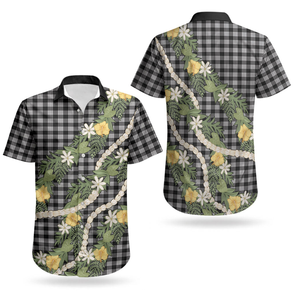 Aloha Puakenikeni Anthurium Pikake Lei Couples Matching Off Shoulder Short Dress and Hawaiian Shirt Black Hawaiian Palaka Pattern LT9 - Polynesian Pride