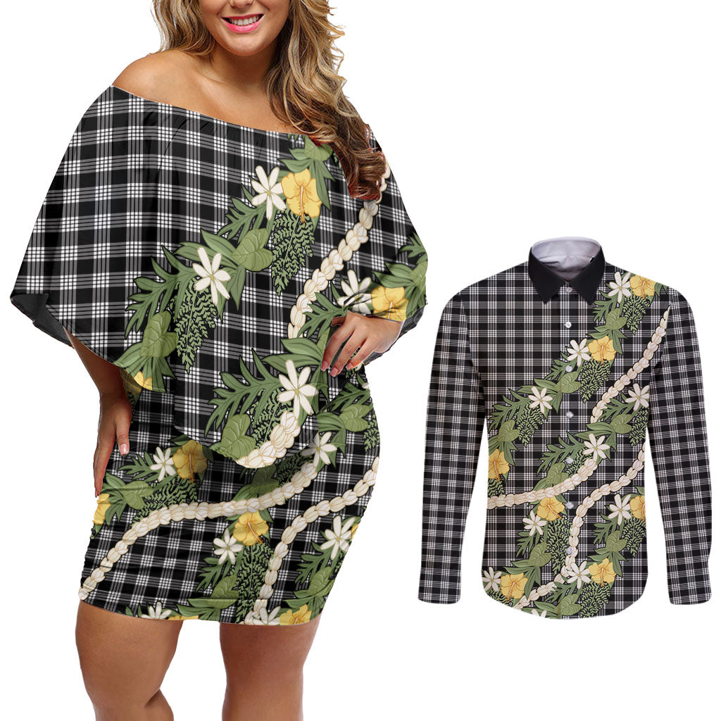 Aloha Puakenikeni Anthurium Pikake Lei Couples Matching Off Shoulder Short Dress and Long Sleeve Button Shirt Black Hawaiian Palaka Pattern LT9 Black - Polynesian Pride