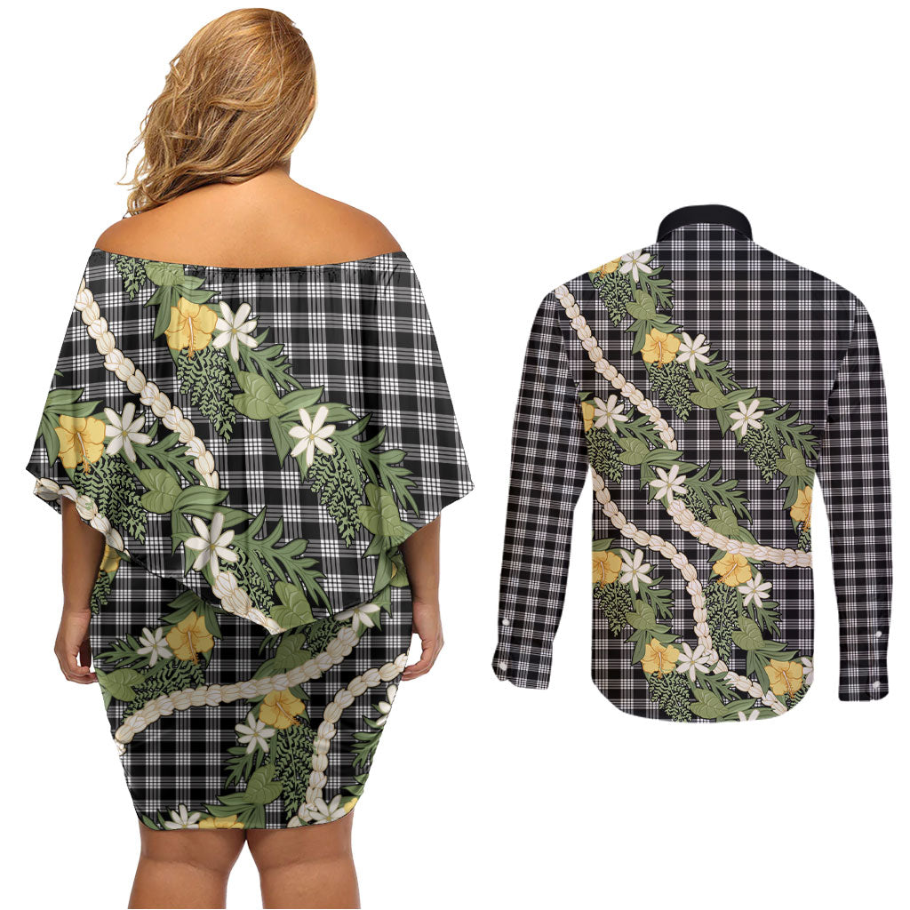 Aloha Puakenikeni Anthurium Pikake Lei Couples Matching Off Shoulder Short Dress and Long Sleeve Button Shirt Black Hawaiian Palaka Pattern LT9 - Polynesian Pride
