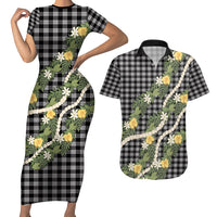 Aloha Puakenikeni Anthurium Pikake Lei Couples Matching Short Sleeve Bodycon Dress and Hawaiian Shirt Black Hawaiian Palaka Pattern LT9 Black - Polynesian Pride