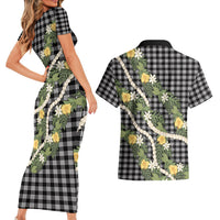 Aloha Puakenikeni Anthurium Pikake Lei Couples Matching Short Sleeve Bodycon Dress and Hawaiian Shirt Black Hawaiian Palaka Pattern LT9 - Polynesian Pride