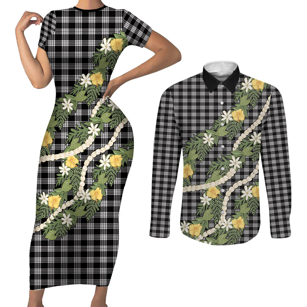 Aloha Puakenikeni Anthurium Pikake Lei Couples Matching Short Sleeve Bodycon Dress and Long Sleeve Button Shirt Black Hawaiian Palaka Pattern LT9 Black - Polynesian Pride