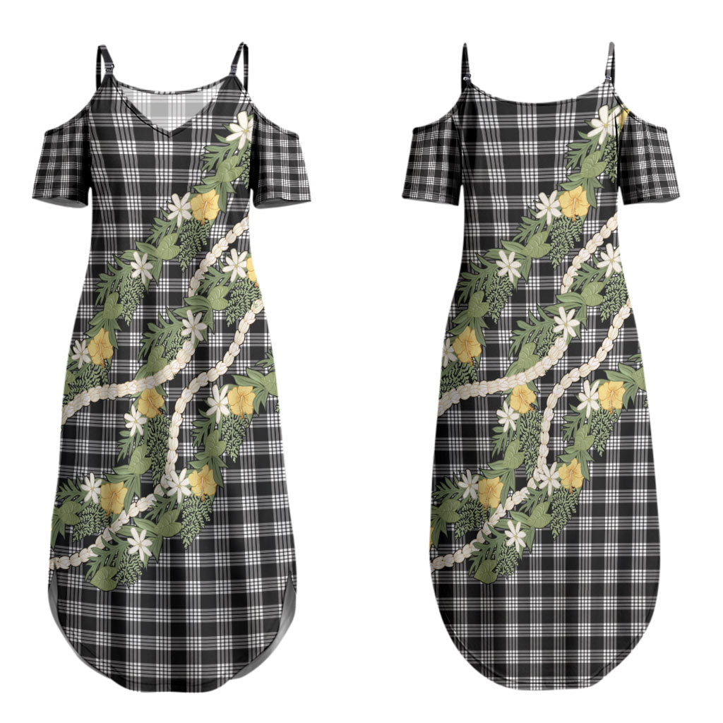Aloha Puakenikeni Anthurium Pikake Lei Couples Matching Summer Maxi Dress and Hawaiian Shirt Black Hawaiian Palaka Pattern LT9 - Polynesian Pride