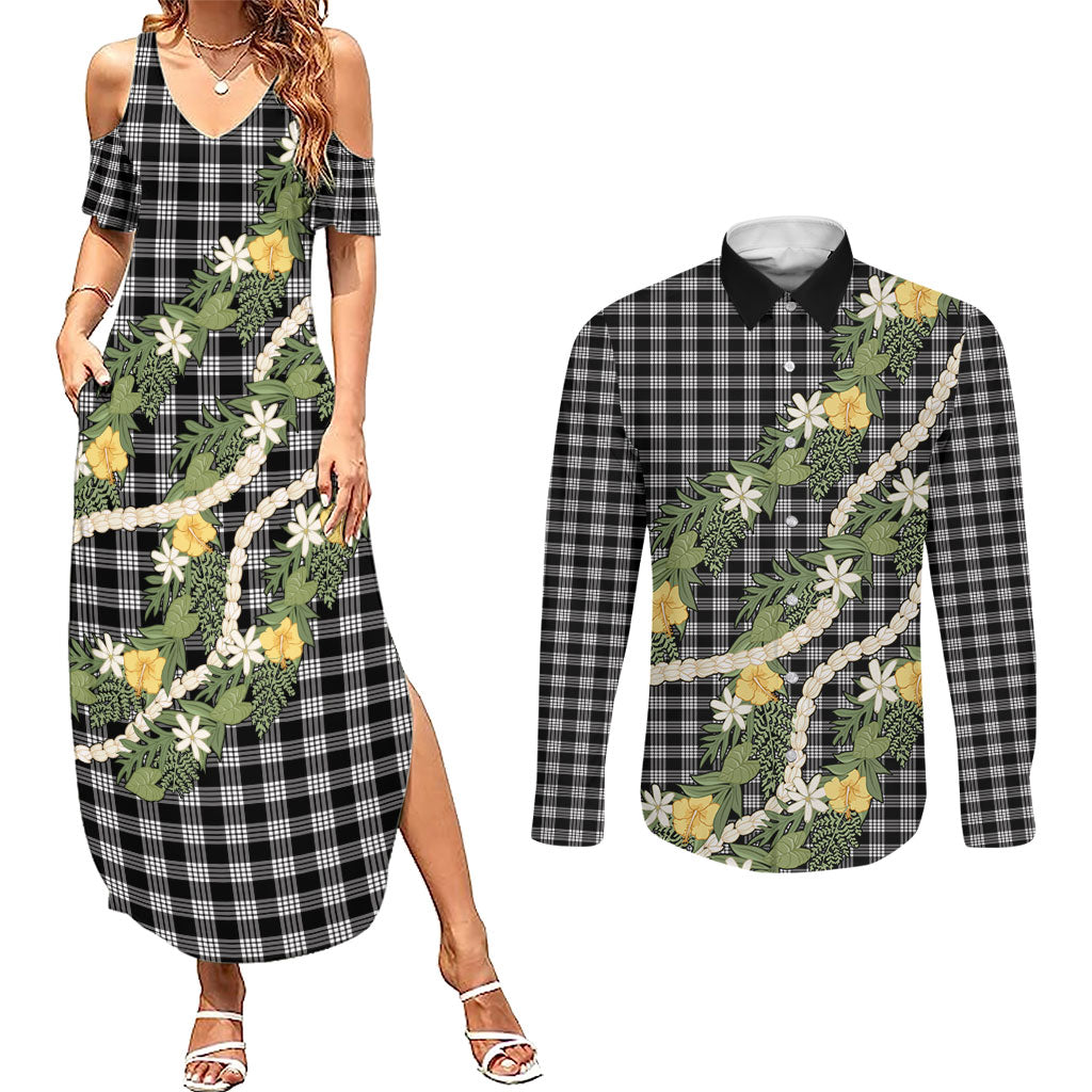 Aloha Puakenikeni Anthurium Pikake Lei Couples Matching Summer Maxi Dress and Long Sleeve Button Shirt Black Hawaiian Palaka Pattern LT9 Black - Polynesian Pride