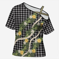 Aloha Puakenikeni Anthurium Pikake Lei Cross Shoulder Shirt Black Hawaiian Palaka Pattern