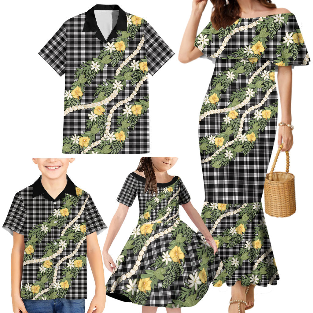 Aloha Puakenikeni Anthurium Pikake Lei Family Matching Mermaid Dress and Hawaiian Shirt Black Hawaiian Palaka Pattern