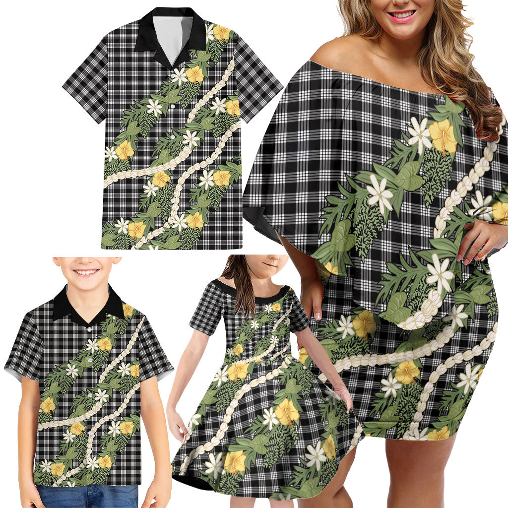 Aloha Puakenikeni Anthurium Pikake Lei Family Matching Off Shoulder Short Dress and Hawaiian Shirt Black Hawaiian Palaka Pattern LT9 - Polynesian Pride