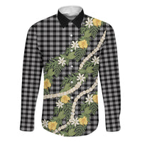 Aloha Puakenikeni Anthurium Pikake Lei Family Matching Off Shoulder Short Dress and Hawaiian Shirt Black Hawaiian Palaka Pattern LT9 Dad's Shirt - Long Sleeve Black - Polynesian Pride