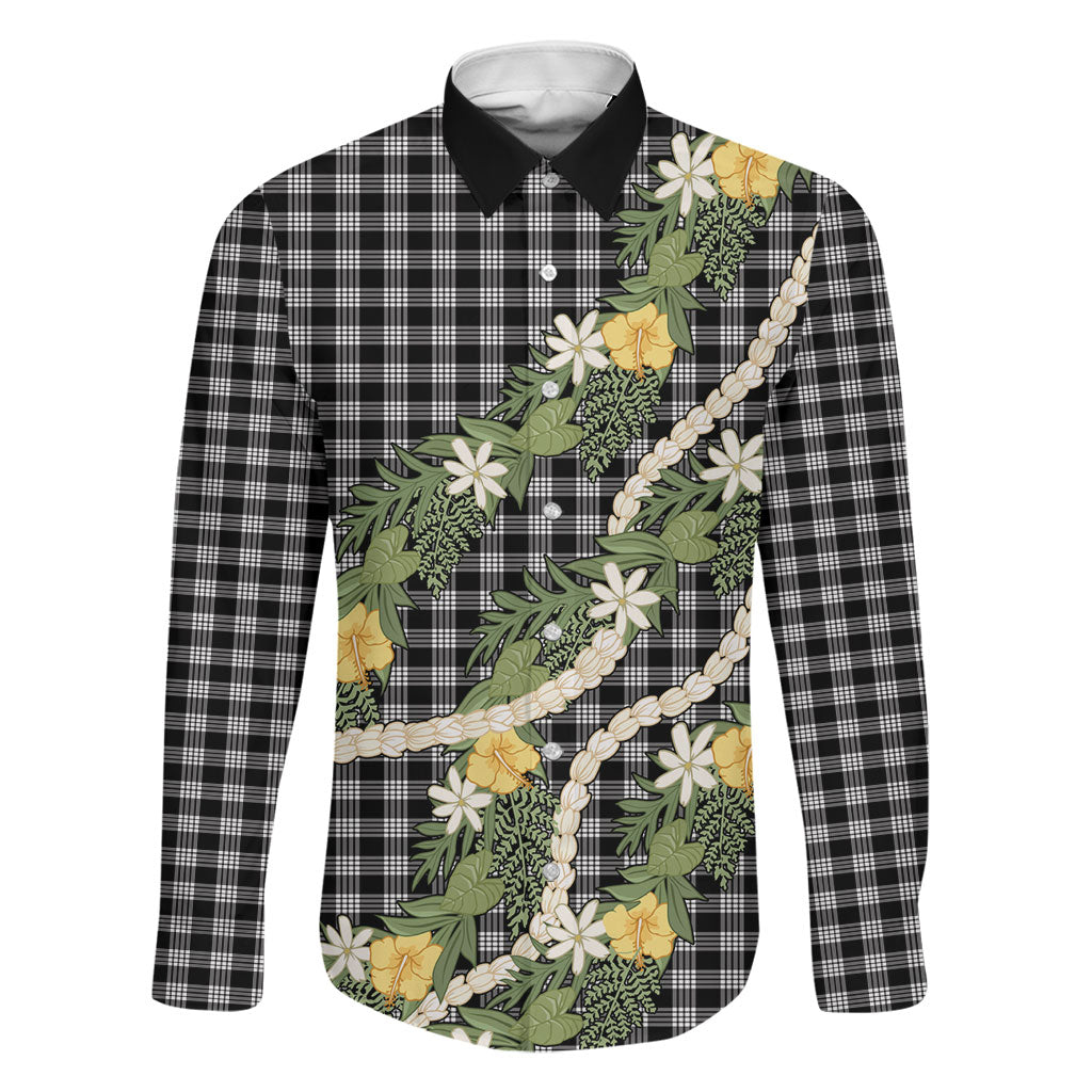Aloha Puakenikeni Anthurium Pikake Lei Family Matching Puletasi and Hawaiian Shirt Black Hawaiian Palaka Pattern LT9 Dad's Shirt - Long Sleeve Black - Polynesian Pride