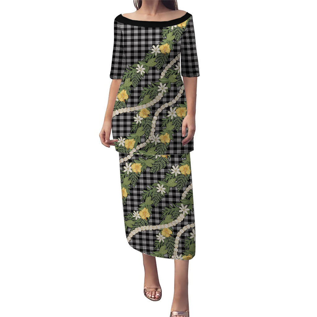 Aloha Puakenikeni Anthurium Pikake Lei Family Matching Puletasi and Hawaiian Shirt Black Hawaiian Palaka Pattern LT9 Mom's Dress Black - Polynesian Pride