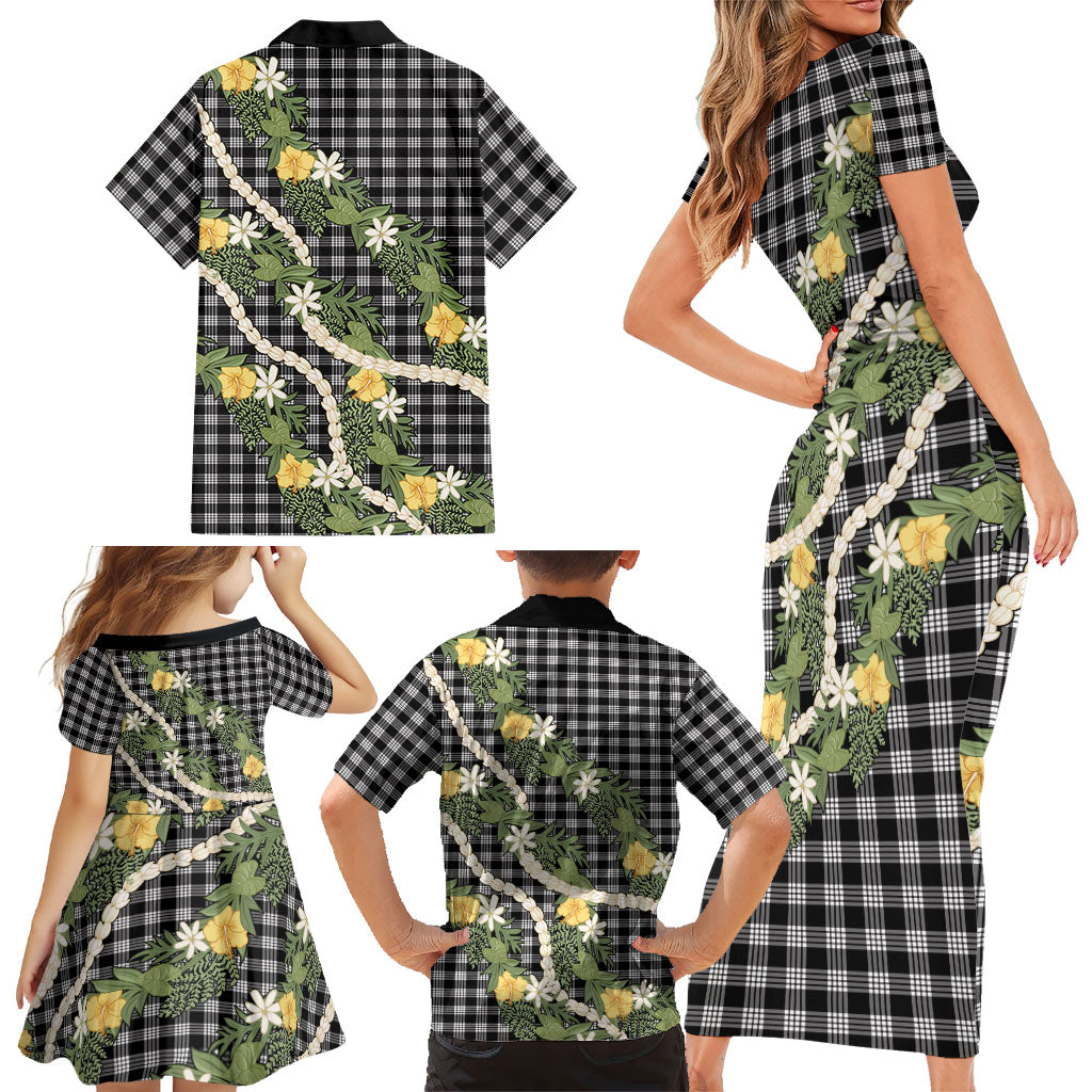 Aloha Puakenikeni Anthurium Pikake Lei Family Matching Short Sleeve Bodycon Dress and Hawaiian Shirt Black Hawaiian Palaka Pattern LT9 - Polynesian Pride