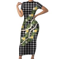 Aloha Puakenikeni Anthurium Pikake Lei Family Matching Short Sleeve Bodycon Dress and Hawaiian Shirt Black Hawaiian Palaka Pattern LT9 Mom's Dress Black - Polynesian Pride