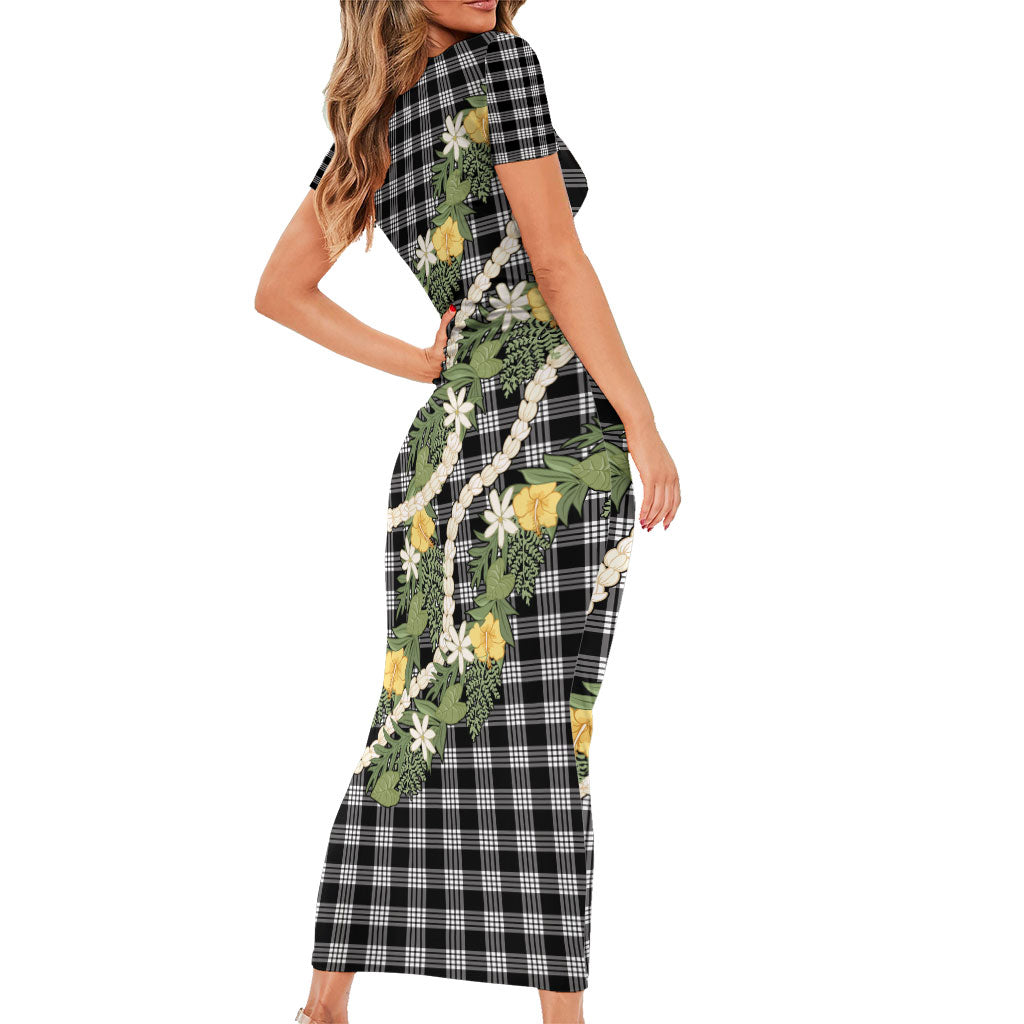 Aloha Puakenikeni Anthurium Pikake Lei Family Matching Short Sleeve Bodycon Dress and Hawaiian Shirt Black Hawaiian Palaka Pattern LT9 - Polynesian Pride