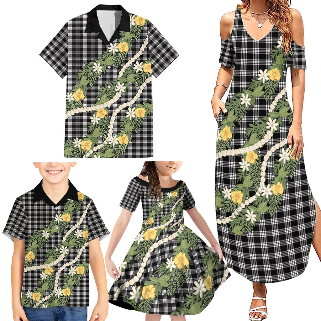 Aloha Puakenikeni Anthurium Pikake Lei Family Matching Summer Maxi Dress and Hawaiian Shirt Black Hawaiian Palaka Pattern