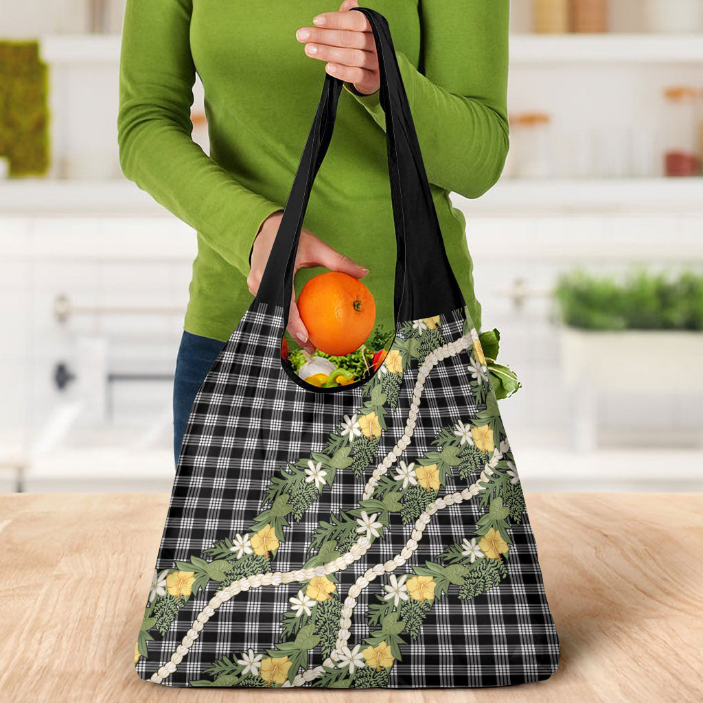 Aloha Puakenikeni Anthurium Pikake Lei Grocery Bag Black Hawaiian Palaka Pattern LT9 - Polynesian Pride