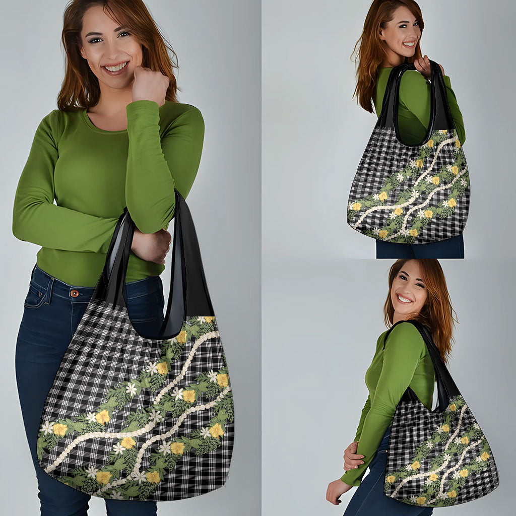 Aloha Puakenikeni Anthurium Pikake Lei Grocery Bag Black Hawaiian Palaka Pattern LT9 - Polynesian Pride