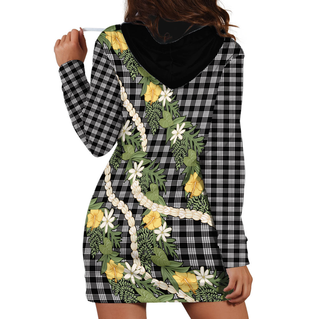 Aloha Puakenikeni Anthurium Pikake Lei Hoodie Dress Black Hawaiian Palaka Pattern LT9 - Polynesian Pride