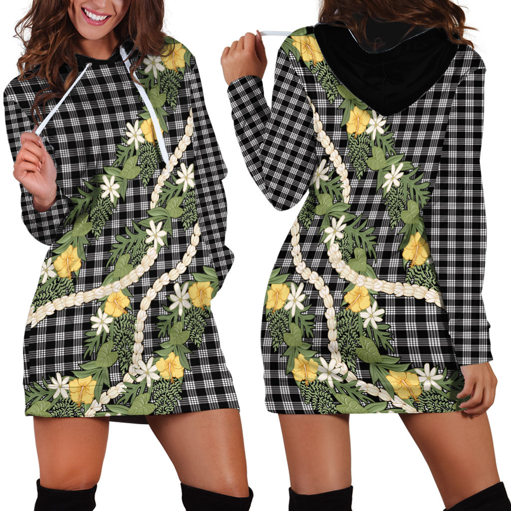 Aloha Puakenikeni Anthurium Pikake Lei Hoodie Dress Black Hawaiian Palaka Pattern LT9 - Polynesian Pride