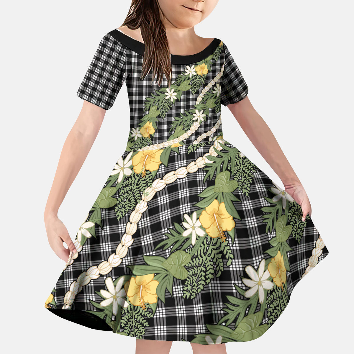 Aloha Puakenikeni Anthurium Pikake Lei Kid Short Sleeve Dress Black Hawaiian Palaka Pattern
