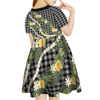 Aloha Puakenikeni Anthurium Pikake Lei Kid Short Sleeve Dress Black Hawaiian Palaka Pattern