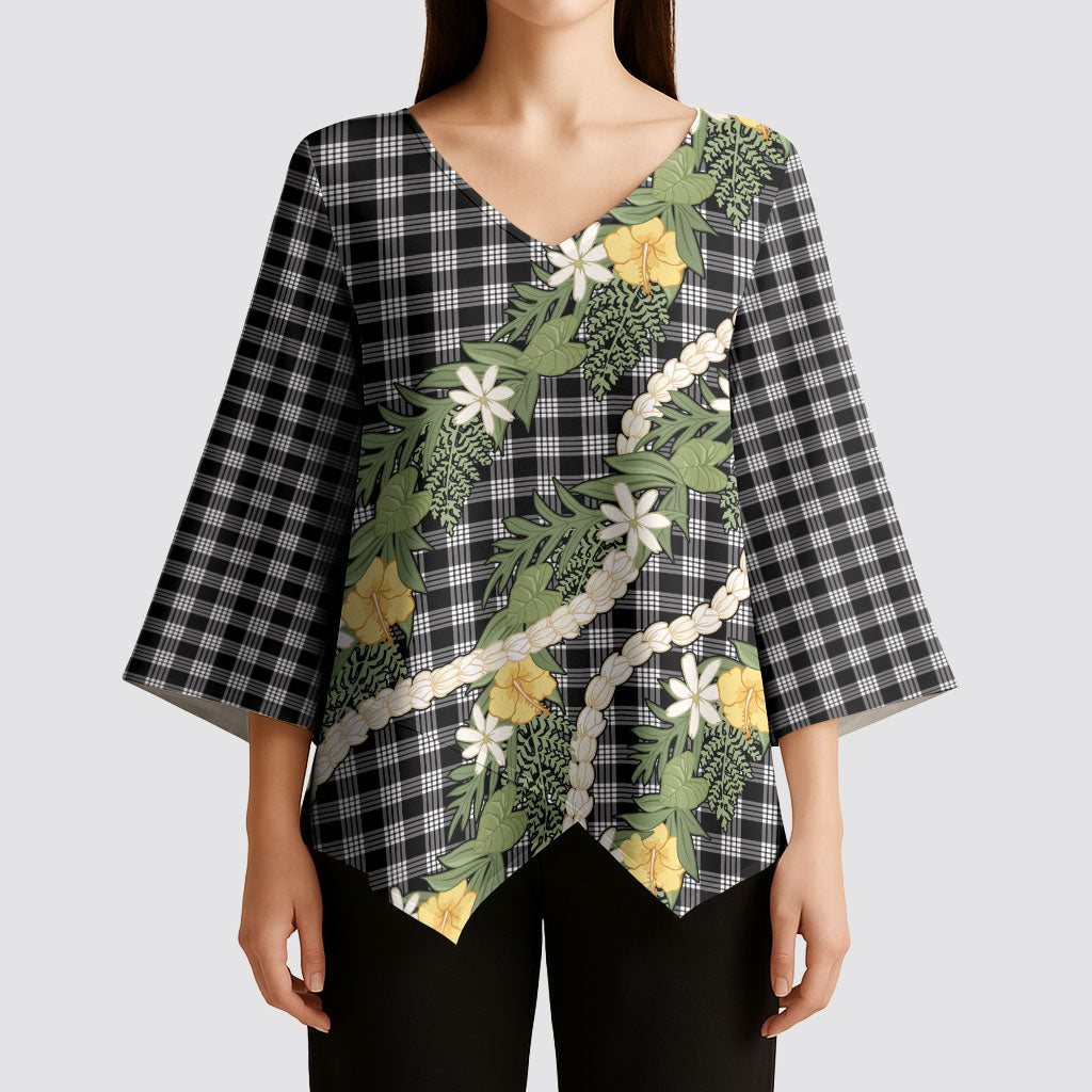 Aloha Puakenikeni Anthurium Pikake Lei Kimono Sleeve Blouse Black Hawaiian Palaka Pattern