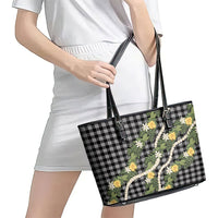 Aloha Puakenikeni Anthurium Pikake Lei Leather Tote Bag Black Hawaiian Palaka Pattern