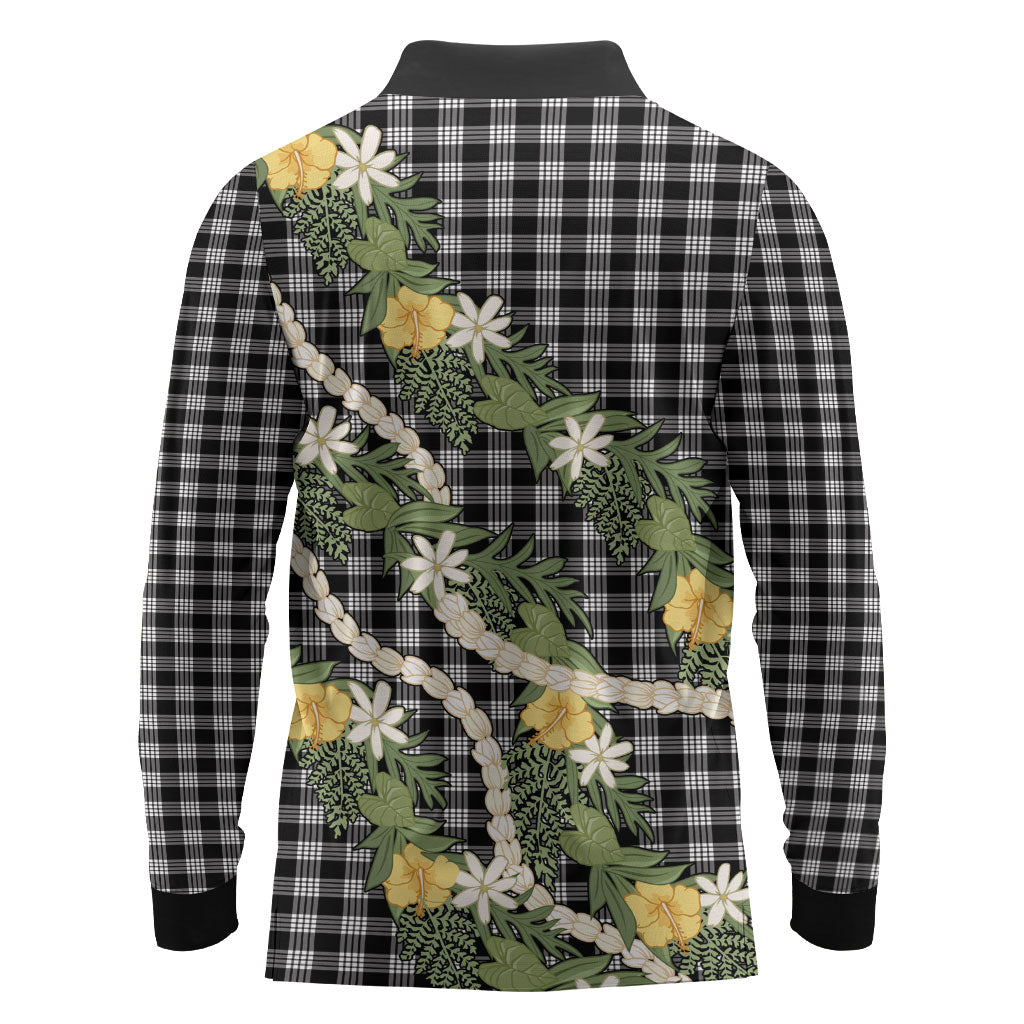 Aloha Puakenikeni Anthurium Pikake Lei Long Sleeve Polo Shirt Black Hawaiian Palaka Pattern