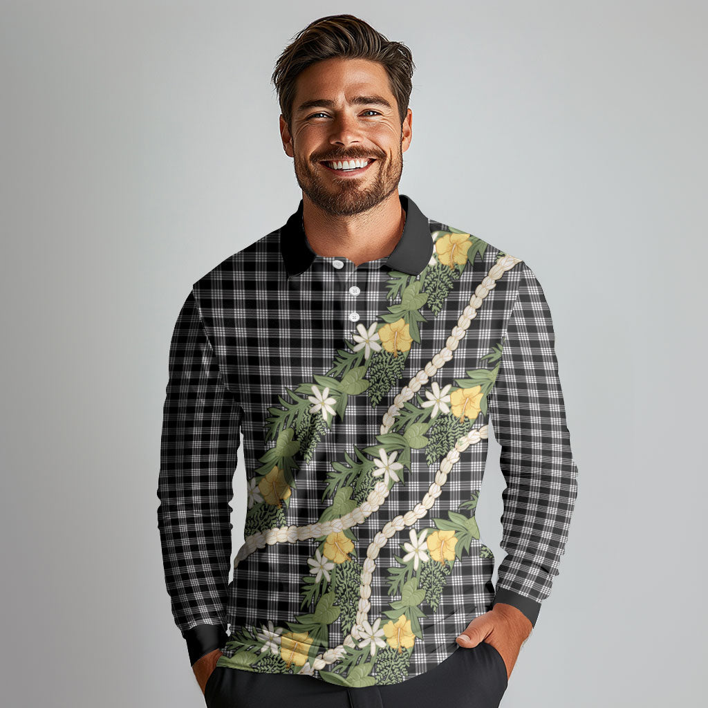 Aloha Puakenikeni Anthurium Pikake Lei Long Sleeve Polo Shirt Black Hawaiian Palaka Pattern