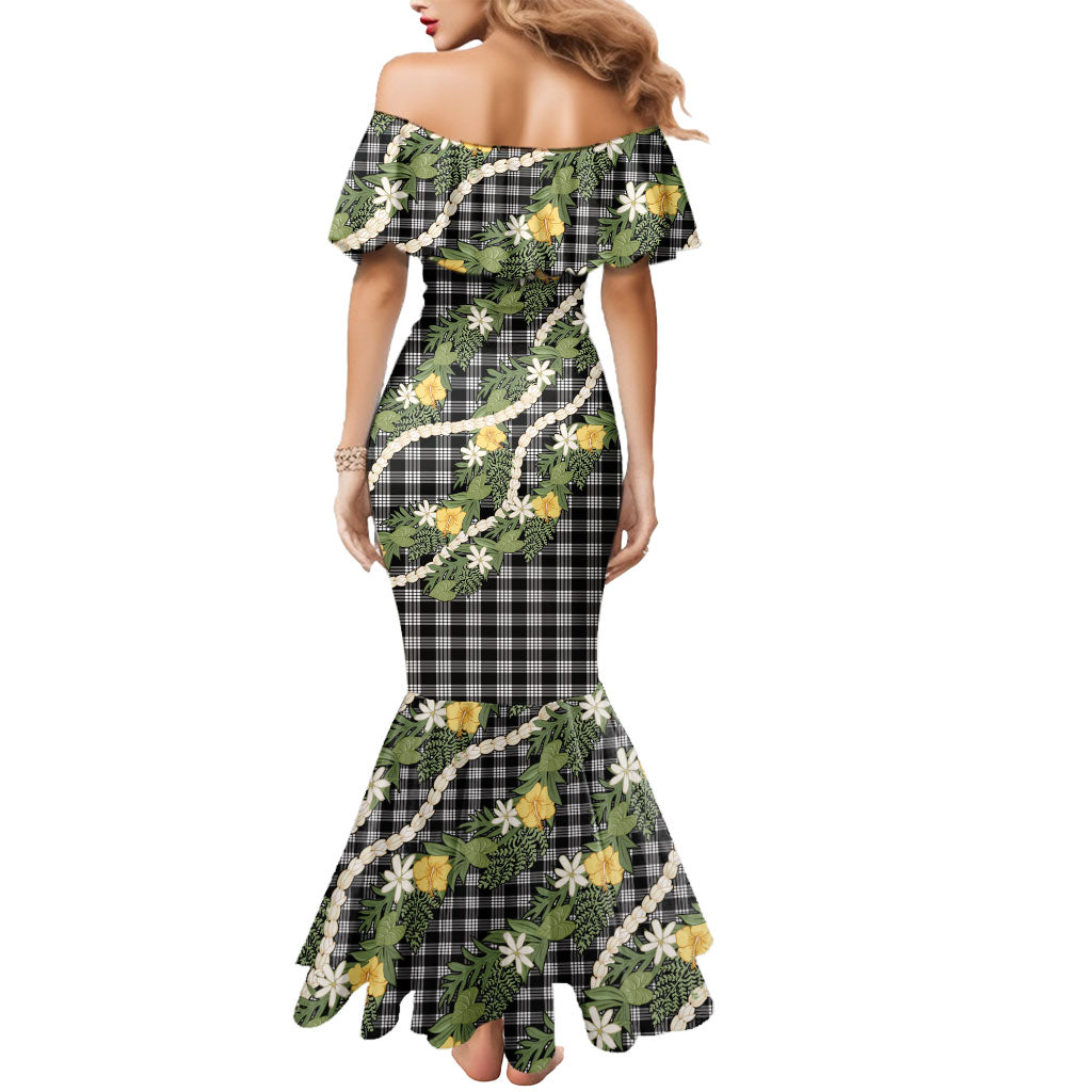 Aloha Puakenikeni Anthurium Pikake Lei Mermaid Dress Black Hawaiian Palaka Pattern