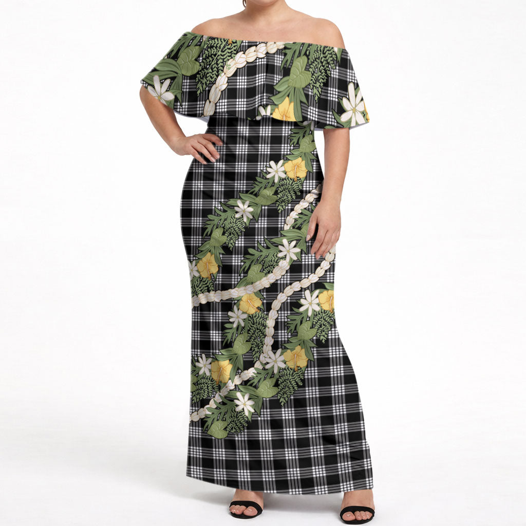 Aloha Puakenikeni Anthurium Pikake Lei Off Shoulder Maxi Dress Black Hawaiian Palaka Pattern LT9 Women Black - Polynesian Pride