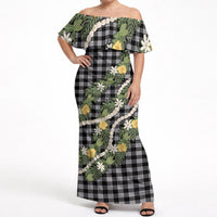 Aloha Puakenikeni Anthurium Pikake Lei Off Shoulder Maxi Dress Black Hawaiian Palaka Pattern LT9 Women Black - Polynesian Pride