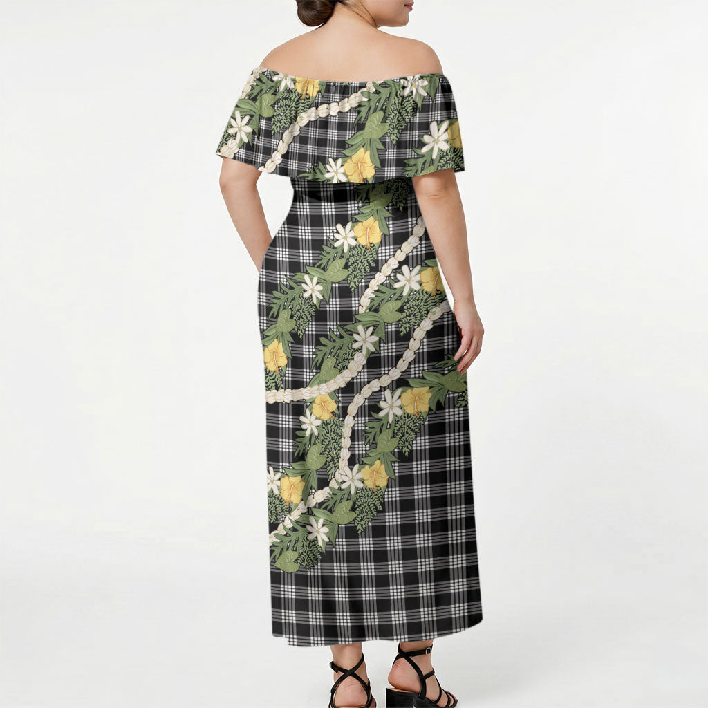 Aloha Puakenikeni Anthurium Pikake Lei Off Shoulder Maxi Dress Black Hawaiian Palaka Pattern LT9 - Polynesian Pride