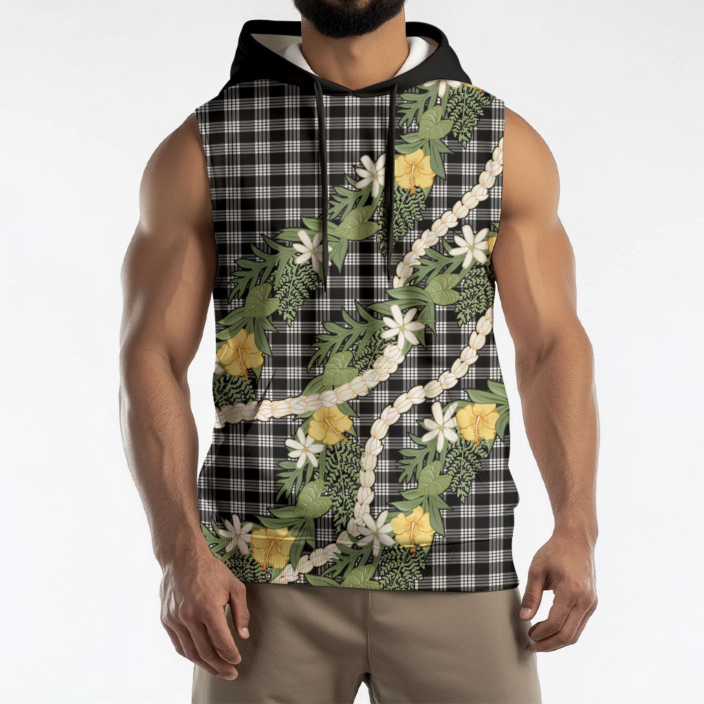Aloha Puakenikeni Anthurium Pikake Lei Sleeveless Hoodie Black Hawaiian Palaka Pattern